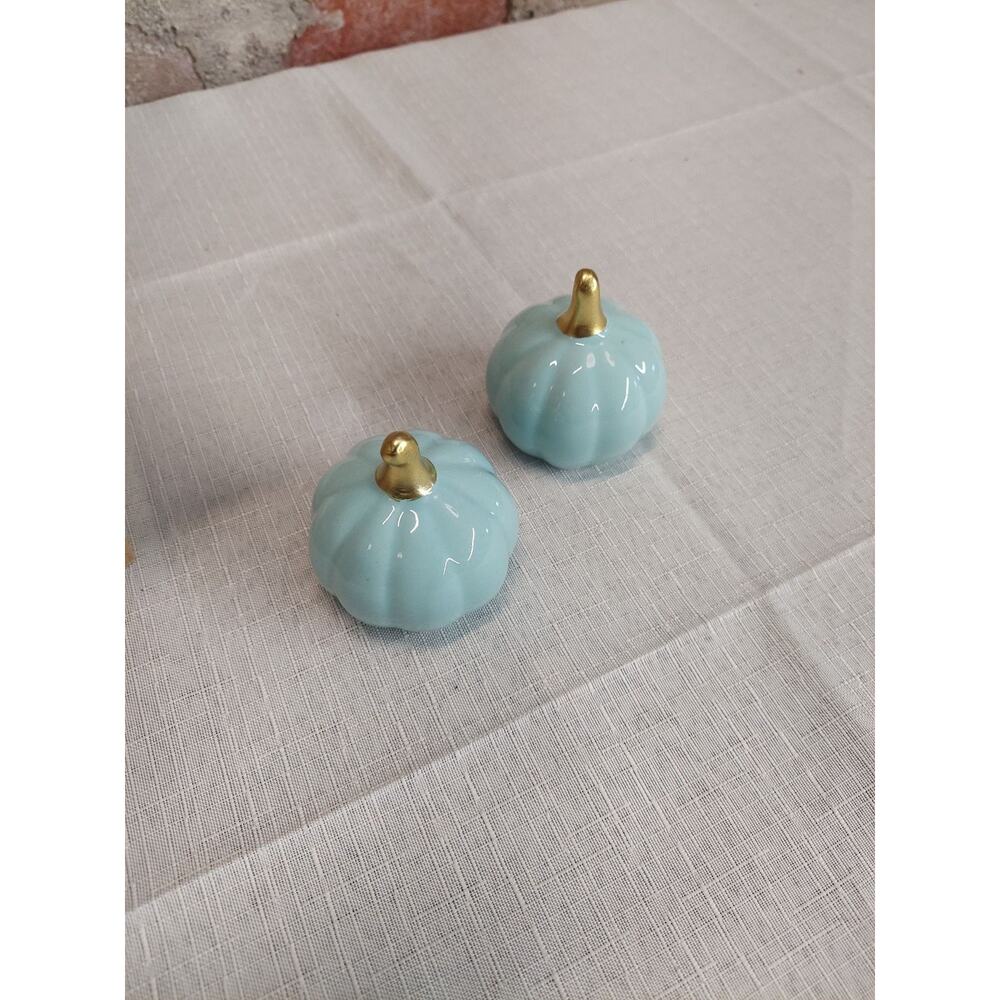 Ceramic Mini Pumpkins Set of 2 Light Blue Gold Fall Thanksgiving Table Decor